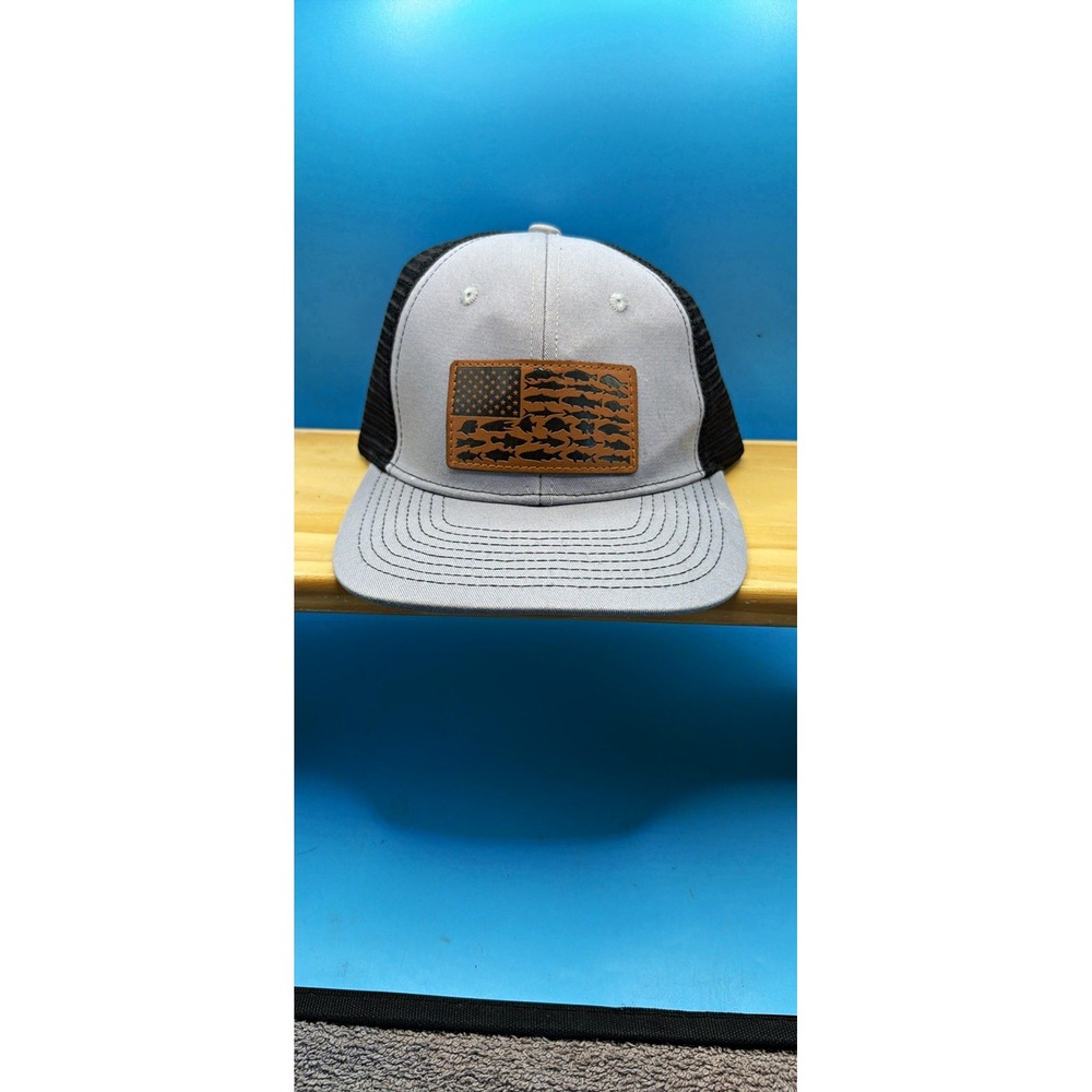 Yupoong Gray Black Trucker Hat Mesh Adjustable Leather USA Fish Flag Patch